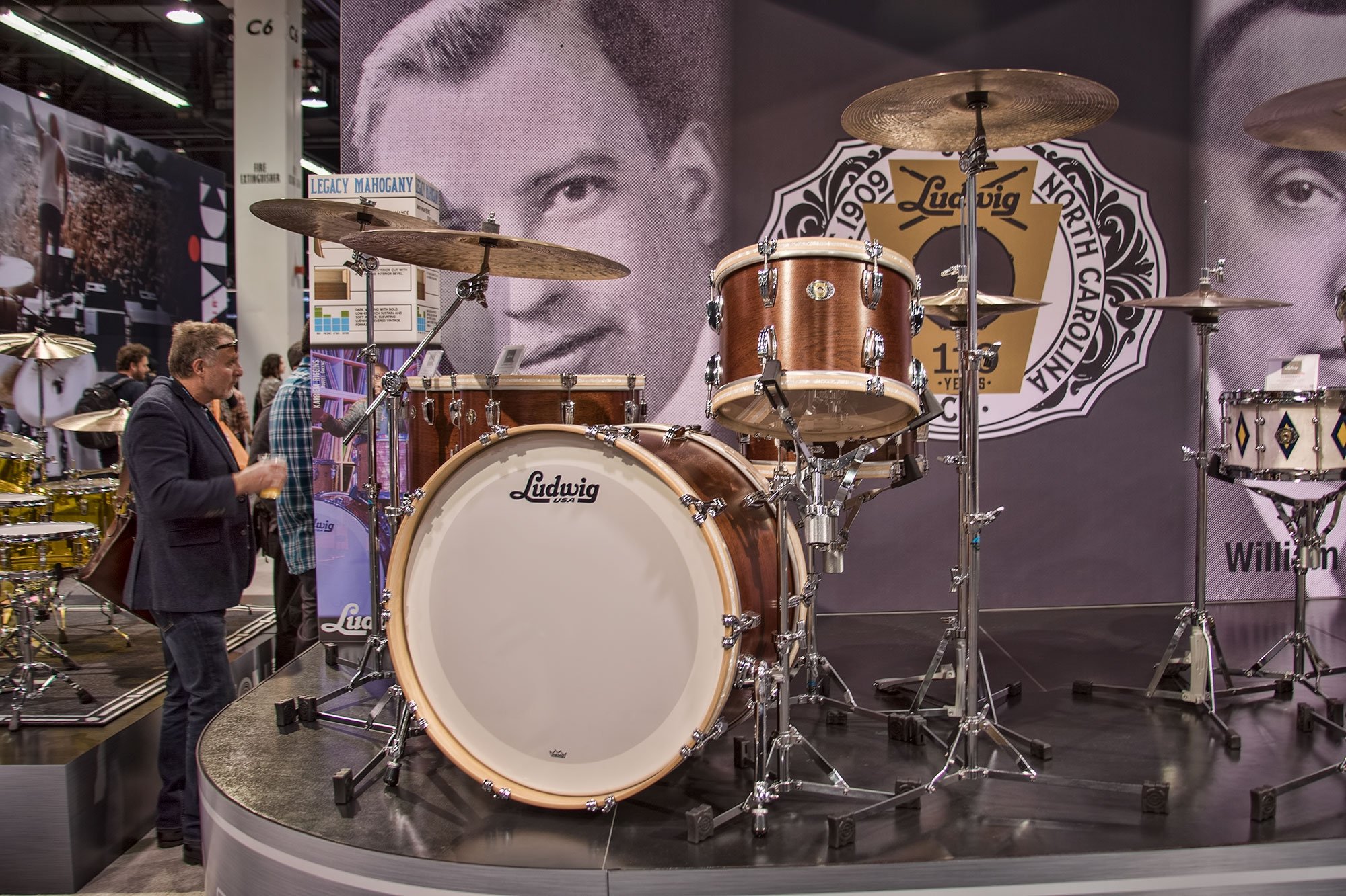 Ludwig Drums Legacy Mahogany Van Buren Is An Augmented Presentation Of A Classic African Mahogany Natural Finish That Celebrates The Likeness Of Ludwig S First Ever Drum Badge And Chicago Showroom
