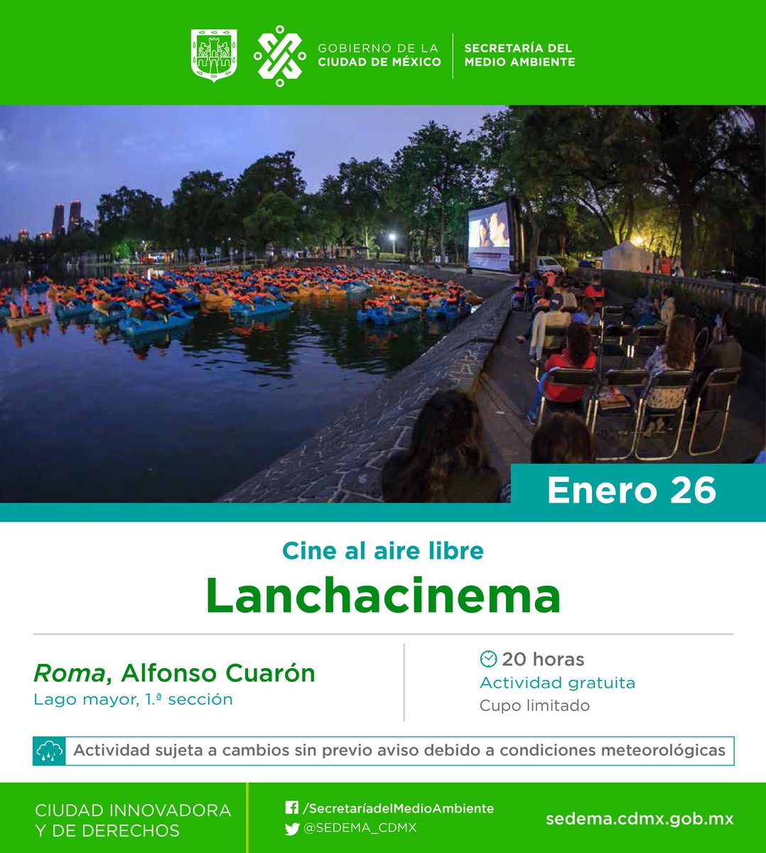 SEDEMA_CDMX's tweet image. ¿Ya tienes plan para el sábado en la noche? ¿Qué te parece una función de cine al aire libre, en medio del lago y rodeado de la naturaleza? Esto sólo es posible en los Bosques de San Juan de Aragón y Chapultepec. Te esperamos en el #Lagocinema y #Lanchacinema. #BuenViernes