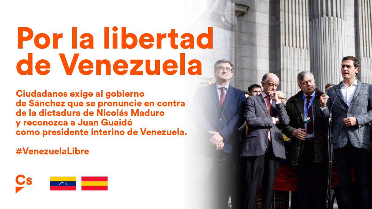 CiudadanosCs's tweet photo. 🇪🇦 🇻🇪 Tenemos un mensaje para los venezolanos: no estáis solos, estamos con vosotros. 
👉 Los grupos de la Cámara del @Congreso_Es se tendrán que posicionar: tendrán que decidir si apoyan la democracia con el presidente @jguaido o la dictadura de Maduro. #VenezuelaLibre https://t.co/Nw7StCDDUp