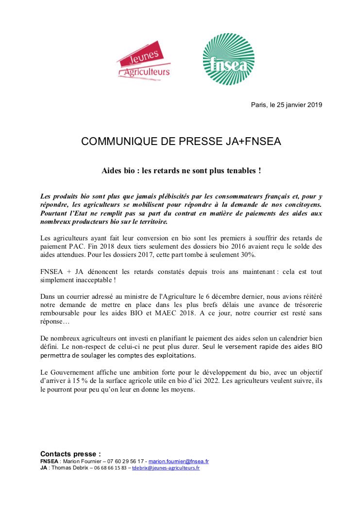 FNSEA's tweet photo. [#CP] Aides bio : JA+FNSEA dénoncent les retards de paiements constatés depuis 3 ans qui sont inacceptables.
Les #agriculteurs ne parviendront à répondre à l’ambition du @gouvernementFR de développement du bio que si on leur en donne les moyens. 
➡️ https://t.co/Z4Fbcx3buj https://t.co/ftXRyJ6FlL