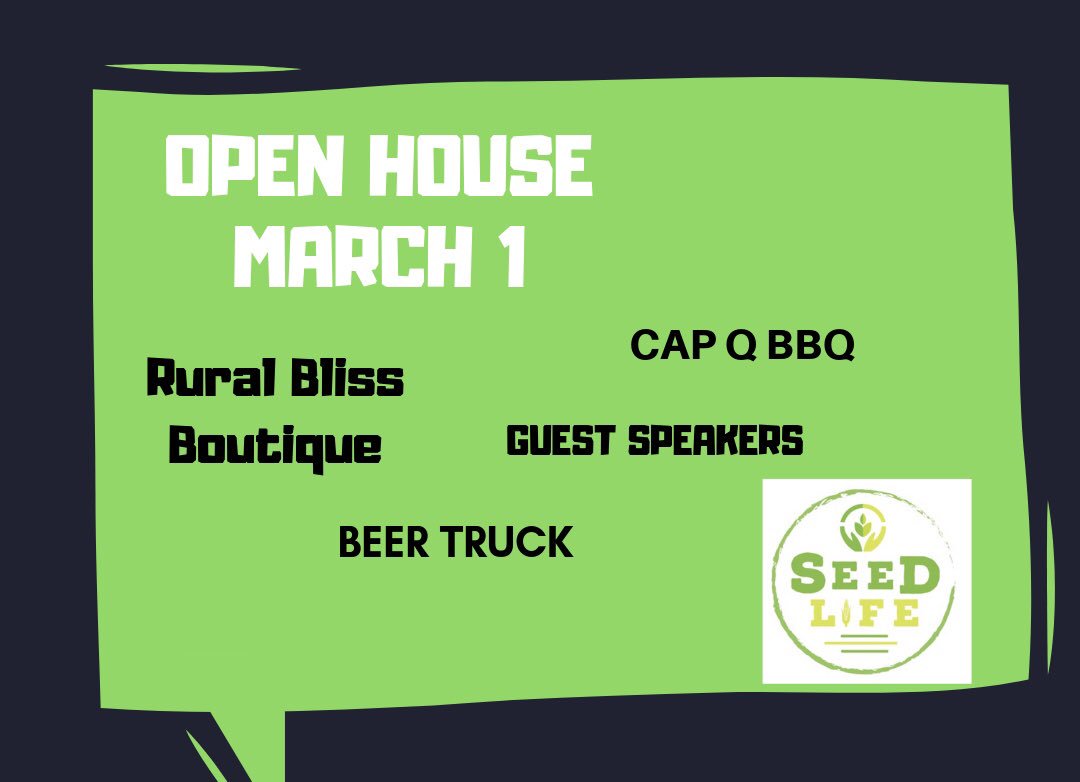 SEEDLIFELLC's tweet photo. We are so excited to announce! OPEN HOUSE. March 1! Anyone welcome. Bring your whole family! Check out the new treater, see the facility, shopping for women, &amp; more!! 👏🏼👍🏼 https://t.co/fmDKZgJwdh