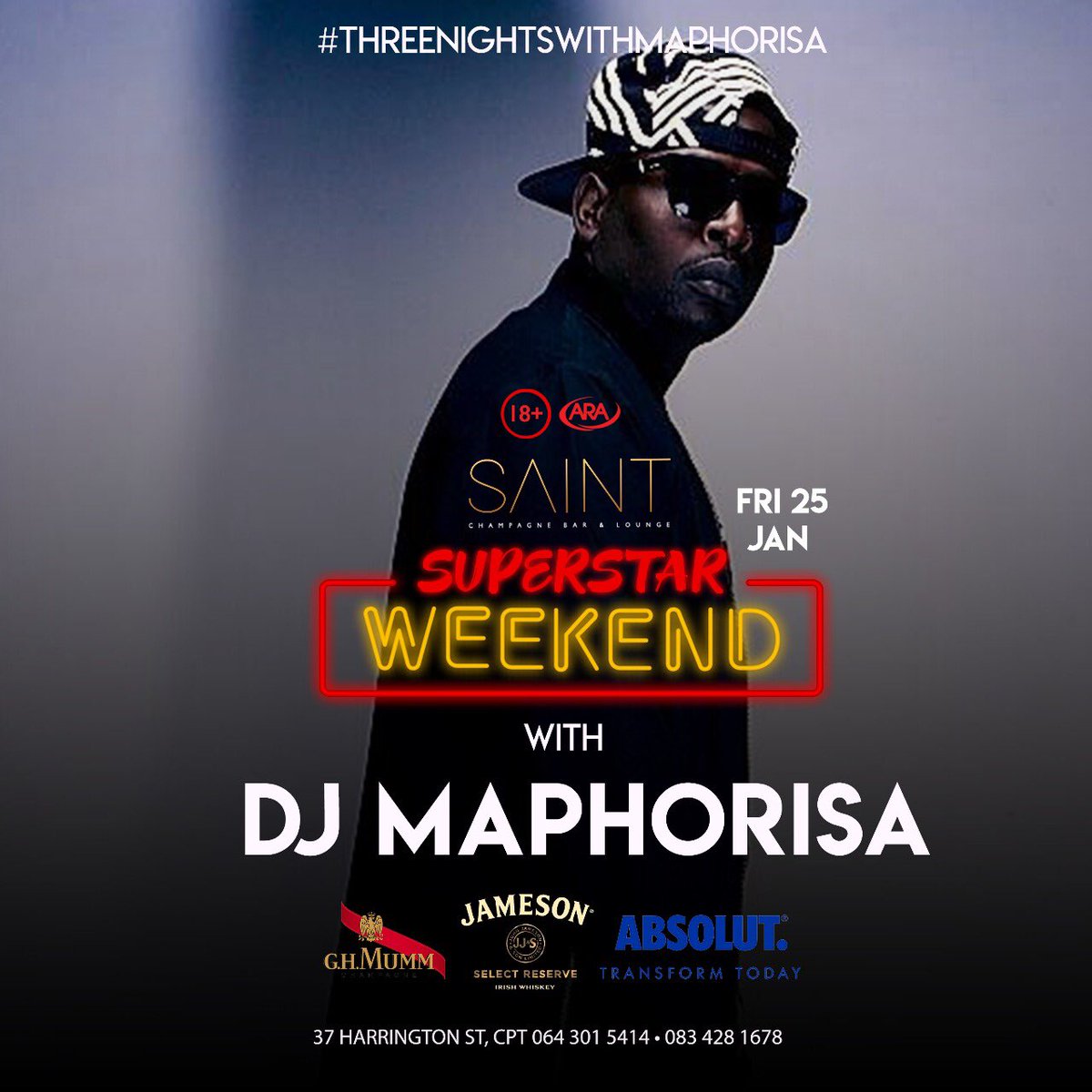 DjMaphorisa's tweet photo. Cape Town catch me out @saintloungecpt this weekend for 3 nights. Lets Rock!!!
Its a #SuperstarWeekend https://t.co/daGYbFn87z