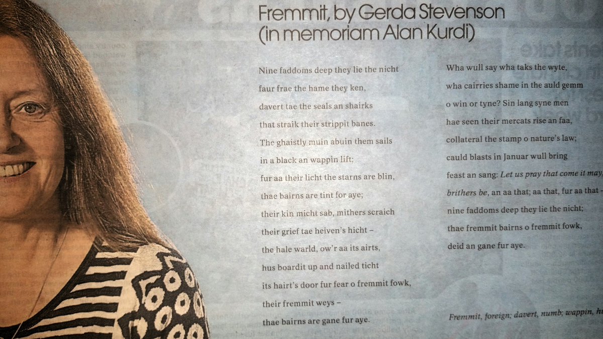sud55_allan's tweet photo. Can any ScoDDish experts out there deciper this poem by #GerdaStevenson in the National?Certainly defeated my West Lothian patois.
She must be taking essons in making up ur own wurds &amp; spellin'  fae Baby Boax poet,oor Makar Jackie "Yer trusty wee haun, your globe o' a heid!" Kay. https://t.co/3a6MZZtXS2