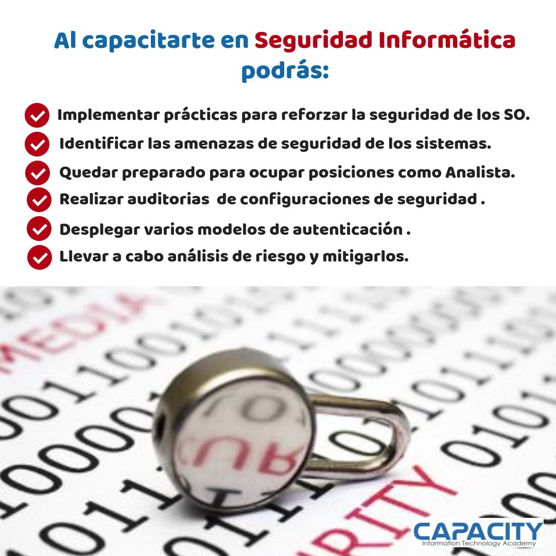 capacityacademy's tweet photo. El curso de Seguridad Informática comienza totalmente desde cero asumiendo que el estudiante NO tiene conocimientos previos en seguridad informática. Está compuesto por 7 módulos que abarcan una diversidad de temas muy variados. #SeguridadTI #Hacker #TIC https://t.co/QPMTh99dVS