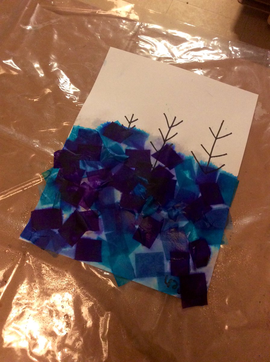 mrsmeadK2's tweet photo. Creating winter scenes using art tissue paper to make a beautiful night sky behind evergreen trees ❄️ #processart #everychildisanartist #bleedingtissuepaper https://t.co/f42BtOFBV1