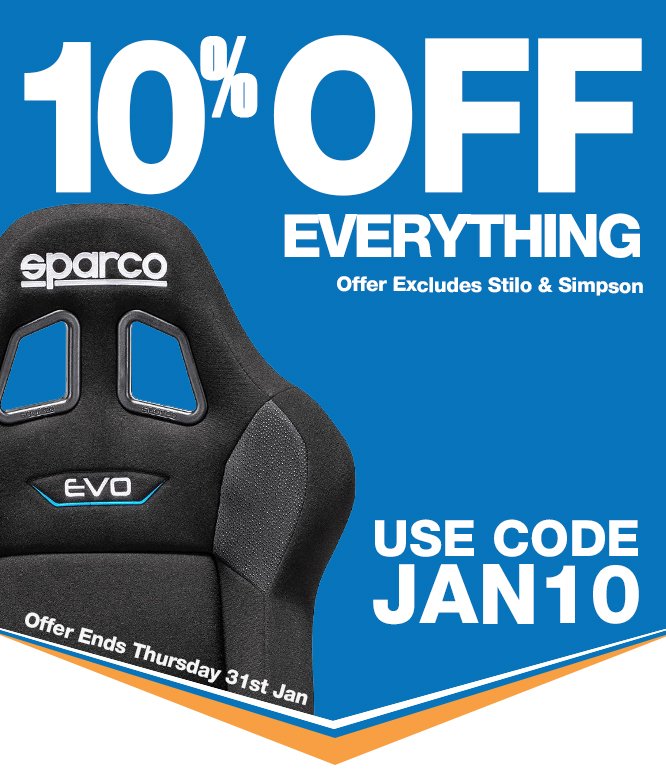 JAN SALE NOW ON - for 7 days only!!!
Extra 10% off everything* at murraymotorsport.com when you use discount code: JAN10 at the checkout!
Offer ends Thursday 31st of January.

*Excludes Stilo &amp; Simpson, T&amp;C apply