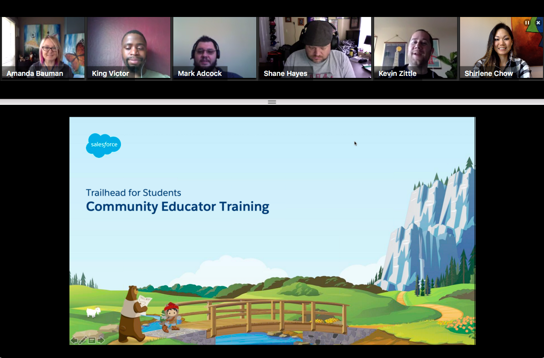 The fabulous <a href="/kevinz/">Kevin Wedeen-Zittle</a> is kicking off this year's first Community Educator Training session where we are enabling rockstars in the #TrailblazerCommunity to deliver online Salesforce Fundamentals course to students. <a href="/techforecastis/">Mark Adcock</a> <a href="/shanejayhayes/">Shane Jay Hayes</a> <a href="/ShirleneChow/">Shirlene Chow</a>
