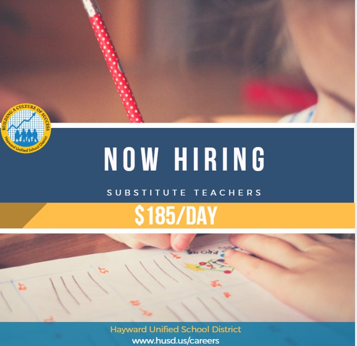 $185 per day - new substitute teacher rate as of January 1st! Come join our substitute teacher corps. Apply on Edjoin.org. #hiring #substituteteachers #educators