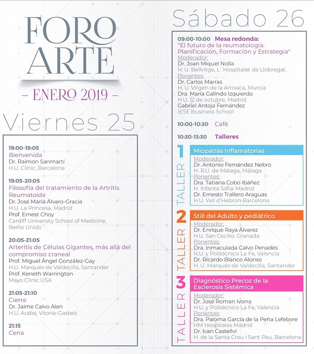 DrJuanOvalles's tweet photo. #ForoArte 2019 just started. A brief overview of #RheumatoidArthritis treatment philosophy explained by Dr Álvaro-Gracia (elected president @SEReumatologia) & Prof. Ernest Choy (Head of Rheumatology and Translational Resarch @cardiffuni) https://t.co/RoCJ1vD6mF