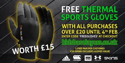 kidsbaselayers's tweet photo. FREE THERMAL GLOVES! 🤗 Select your kids preferred gloves and just £20 minimum spend at https://t.co/Zw16aANDBR, then enter discount code FREEGLOVES at checkout to receive your free pair worth £15!! Gloves link: https://t.co/4bxi2qkNhj 
#grassroots #thermal #Rugby #freebiefriday https://t.co/vgtxfbZZRK