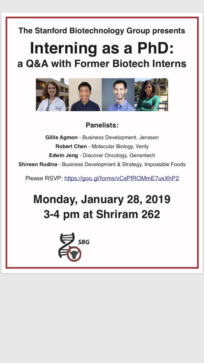 Interested in a career in biotech? Come listen to current PhDs who have found internships across business and science at some of the Bay Area's coolest companies! SBG presents:
Interning as a PhD - a Q&amp;A with Former Biotech Interns

Limited spaces-RSVP:

goo.gl/forms/vCsPfROM…
