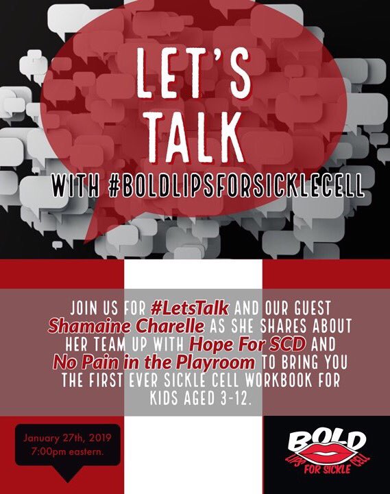 Bold_Plus_ (@bold_plus_) on Twitter photo #LetsTalk with #BoldLipsForSickleCell returns Sunday, January 27th, featuring Shamaine Charelle as she shares about her collaboration with <a href="/HOPEforSCD/">HOPE for SCD</a> & <a href="/ThePlayroomSCD/">NOPAININTHEPLAYROOM</a> creating sickle cell workbooks for kids between 3-12 #LetsTalk with #BoldLipsForSickleCell returns Sunday, January 27th, featuring Shamaine Charelle as she shares about her collaboration with <a href="/HOPEforSCD/">HOPE for SCD</a> & <a href="/ThePlayroomSCD/">NOPAININTHEPLAYROOM</a> creating sickle cell workbooks for kids between 3-12