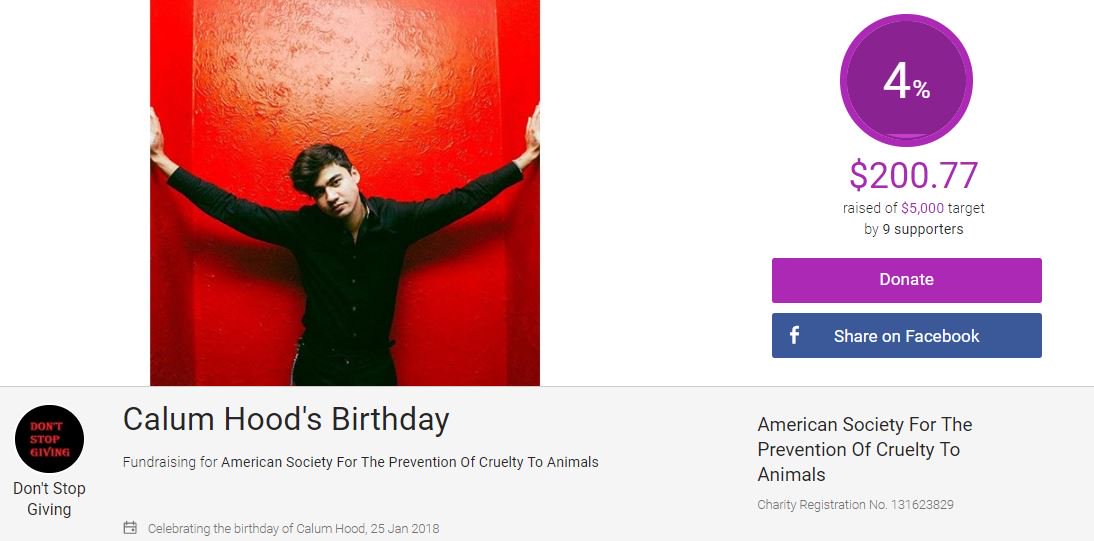 DontStopGiving5's tweet photo. Hi Loves! You all have helped us raise $200.77 for @Calum5SOS's drive/@ASPCA! We may not have reached our goal, but we are still immensely proud of what we’ve all accomplished; raising over two hundred dollars for a very worthy cause is pretty darn bitchin'! #HappyBirthdayCalum https://t.co/Jdm2usOtZ5