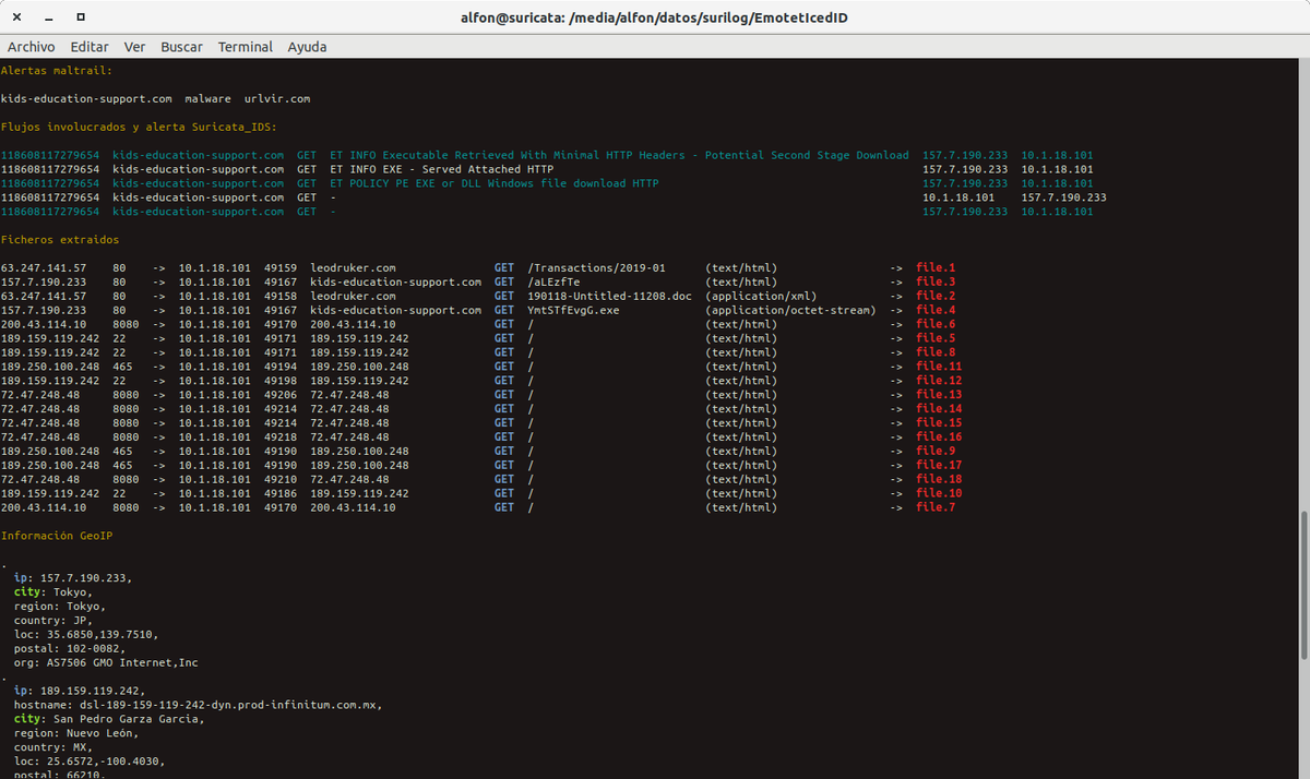 seguridadyredes's tweet image. #Suricata_IDS &amp;amp; #Maltrail  &amp;amp; #bash_script
Actualizamos los trails ... 

sudo ./sensor.py --console | ccze -m ansi

Cositas interesantes hoy .... ;-) Emotet-IcedID.
El select:    select(.http or .tls)