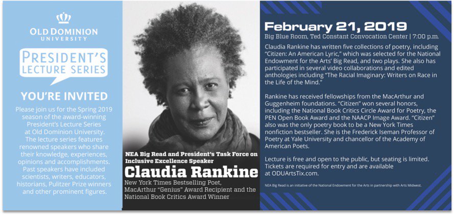 HamptonRoadsBigRead (@roadsread) on Twitter photo RSVP's are officially open for the An Evening with Claudia Rankine as part of the <a href="/ODU/">Old Dominion University</a> President's Lecture Series.
This event is FREE but has limited seating so be sure to reserve your spot here: ODUArtsTix.com RSVP's are officially open for the An Evening with Claudia Rankine as part of the <a href="/ODU/">Old Dominion University</a> President's Lecture Series.
This event is FREE but has limited seating so be sure to reserve your spot here: ODUArtsTix.com