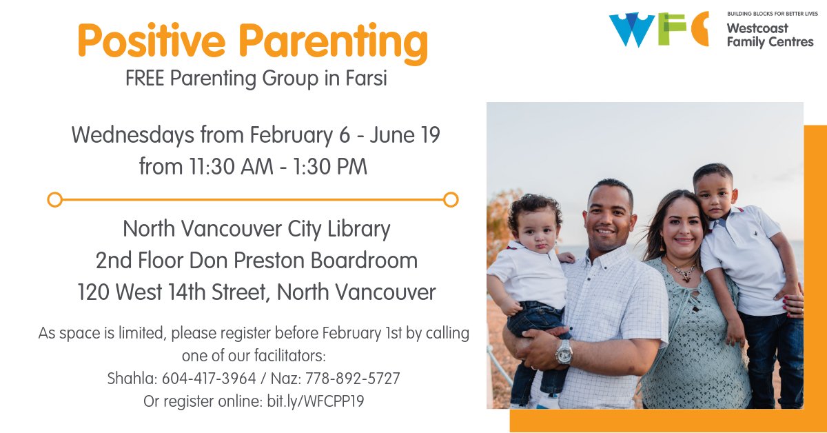 WestcoastFamCtr's tweet photo. Join us for a FREE open parenting group in FARSI focusing on important parenting principles. Positive Parenting takes place every Wednesday starting on February 6th. Learn more and register by phone or online today! https://t.co/mHBHGSDfNC https://t.co/6Bq1XUVFsF