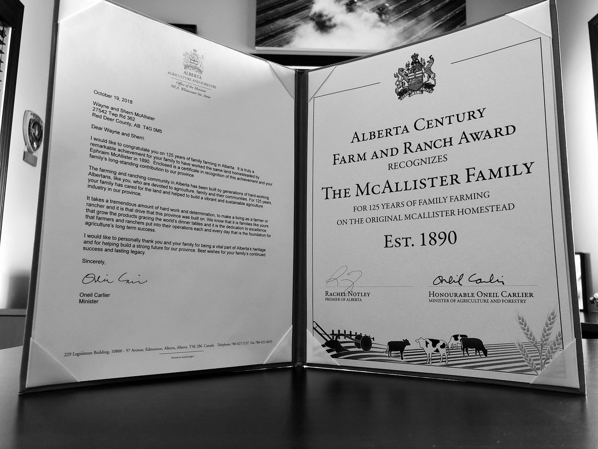 5thGenFarming's tweet photo. Thank you @AlbertaAg for this amazing award! We are absolutely honoured &amp; privileged to continue what a man who we never knew started 129 years ago, &amp; we look forward to continuing to do what we love #albertaagriculture #125yearoldfarmaward #fifthgenerationfarm #antlervalleyfarm https://t.co/oyWGREEzZY