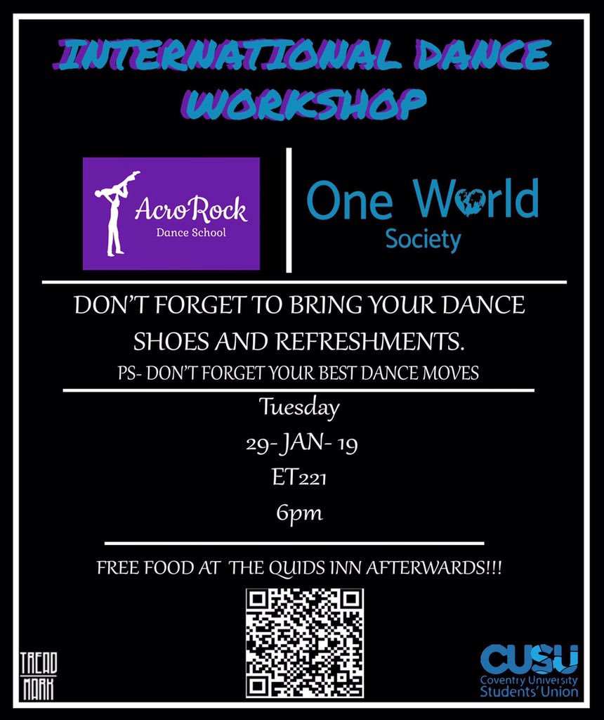 oneworld_cusu's tweet photo. INTERNATIONAL DANCE WORKSHOP!!!
Come and show off your brilliant moves!!! @oneworld_cusu X acrorock dance school
#oneworldcusu #cusu https://t.co/deYShCGJjR