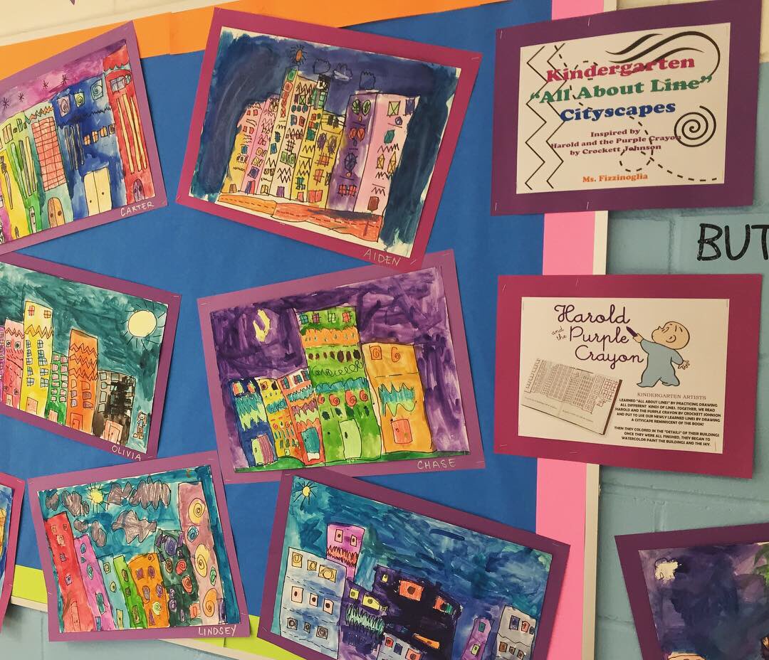 MsFizzPOBArt's tweet photo. Every expert was once a beginner! Kindergarten artwork on display at JJP 💜🌇 #haroldandthepurplecrayon #allaboutlines #details #watercolor #paint @BWileyPOB @Sezgregnyc @ParkwayPOB https://t.co/BddezUR5O5