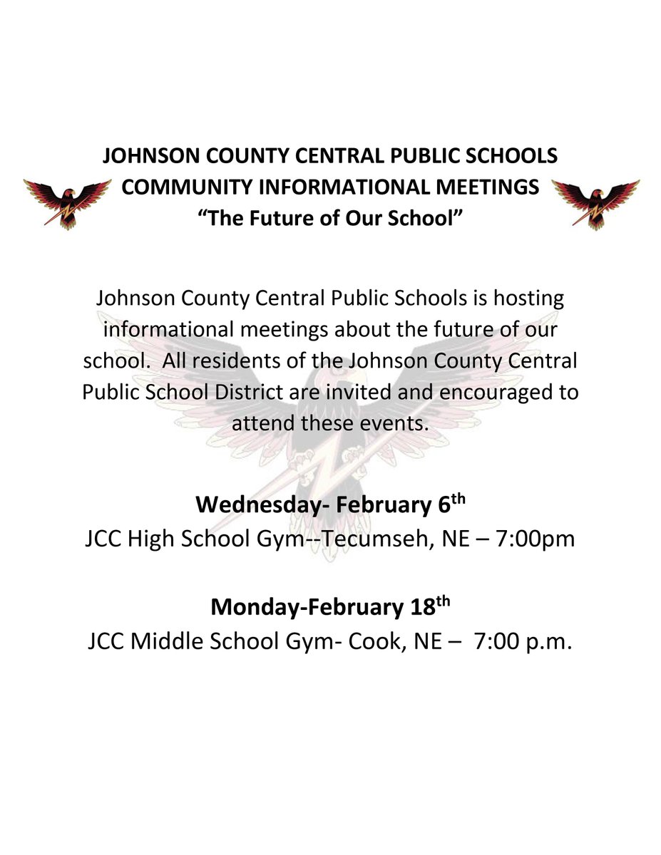 JCCENTRAL's tweet photo. Please join us for our Community Informational Meetings about the future of our school!
📆 Wed Feb 6th
📍 JCC HS Gym (Tecumseh)
⏰ 7 PM
📆 Mon Feb 18th
📍 JCC MS Gym (Cook)
⏰ 7 PM
🔗https://t.co/7SpsYHitV0
#GoJCC #nebed #nebedchat #strivschools #edu #ESU4 https://t.co/Nf4OZuSRMN