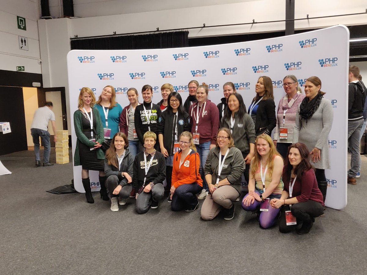 A group picture with all women at <a href="/phpbenelux/">PHPBenelux</a>. Have you found our devs @carolinegeven &amp; @IreneStrikkers in it? #PHPBNL19