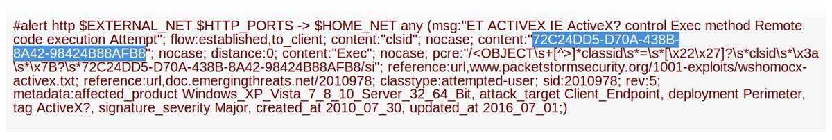 seguridadyredes's tweet image. #Suricata_IDS &amp;amp; #Maltrail  &amp;amp; #bash_script #OleTools
(Trasteando)
El doc/XML, no es detectado, pero:
ACTIVEX IE ActiveX? control Exec method Remote code execution Attemp
GetObject(\&quot;new:72C24DD5-D70A-438B-8A42-98424B88AFB8\&quot;).Run

#olevba file.2 -a - decode --reveal -j |fold -w150