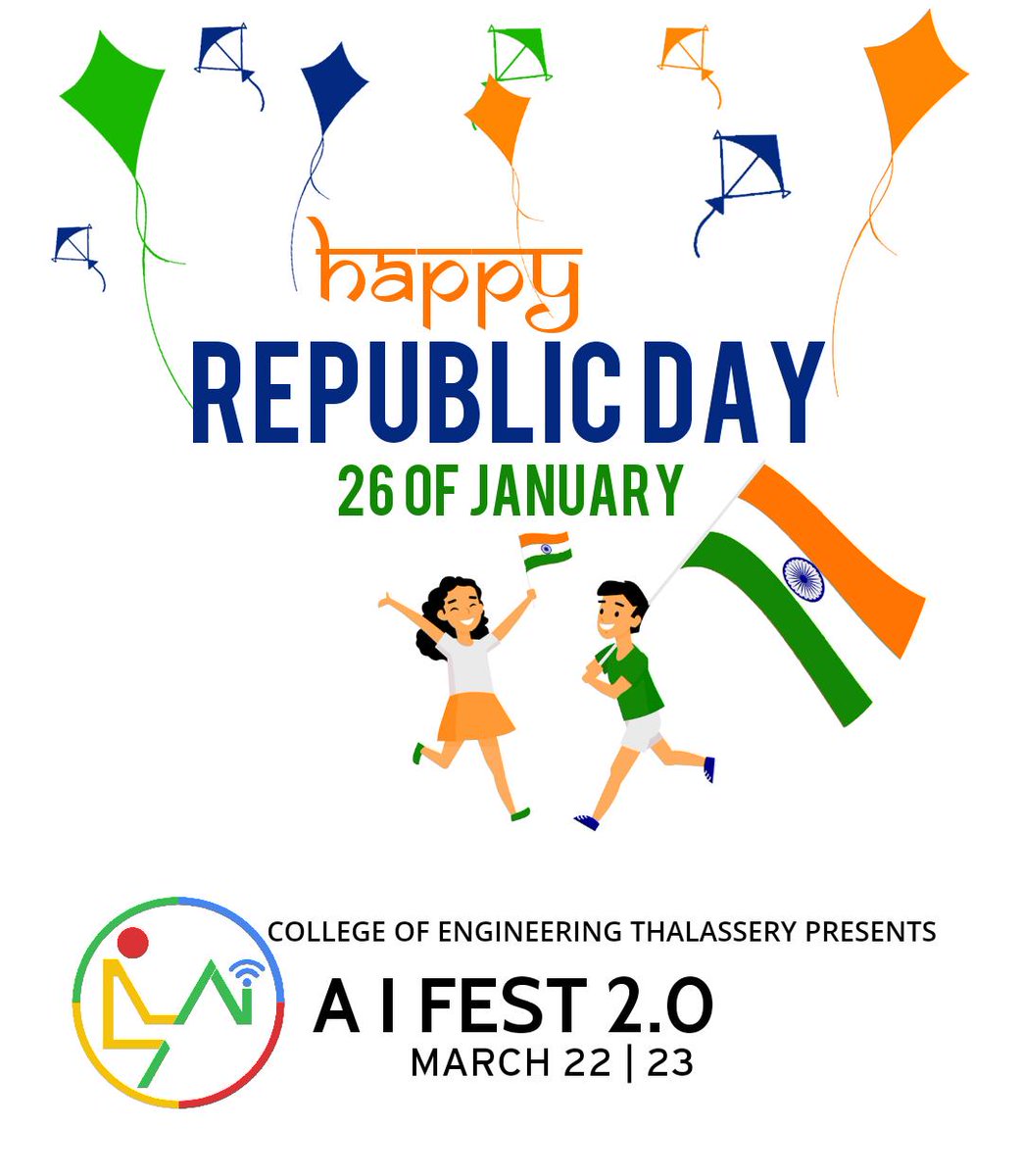 IEDC CoET and #AI_Fest2.0 team #wishes all of you a #Happy #RepublicDay2019 

Check out : aifest.iedccoet.org