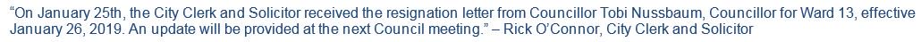 BREAKING: It's official. @tobi_nussbaum  has resigned as a city councillor for Rideau-Rockcliffe. #ottnews https://t.co/IrEAeu2XpS