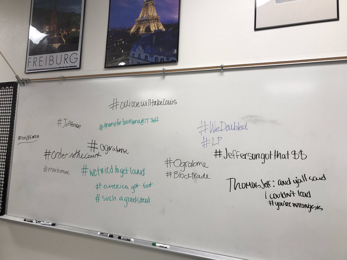 Write4Wright's tweet photo. 8th grade Ss write hashtags about Thomas Jefferson’s presidency. 
#louisianapurchase  #embargo #marburyvmadison  #wfisd #betheone @MrsKimbrathomas @sparker52  @McNielMS https://t.co/9eZbGeolwS