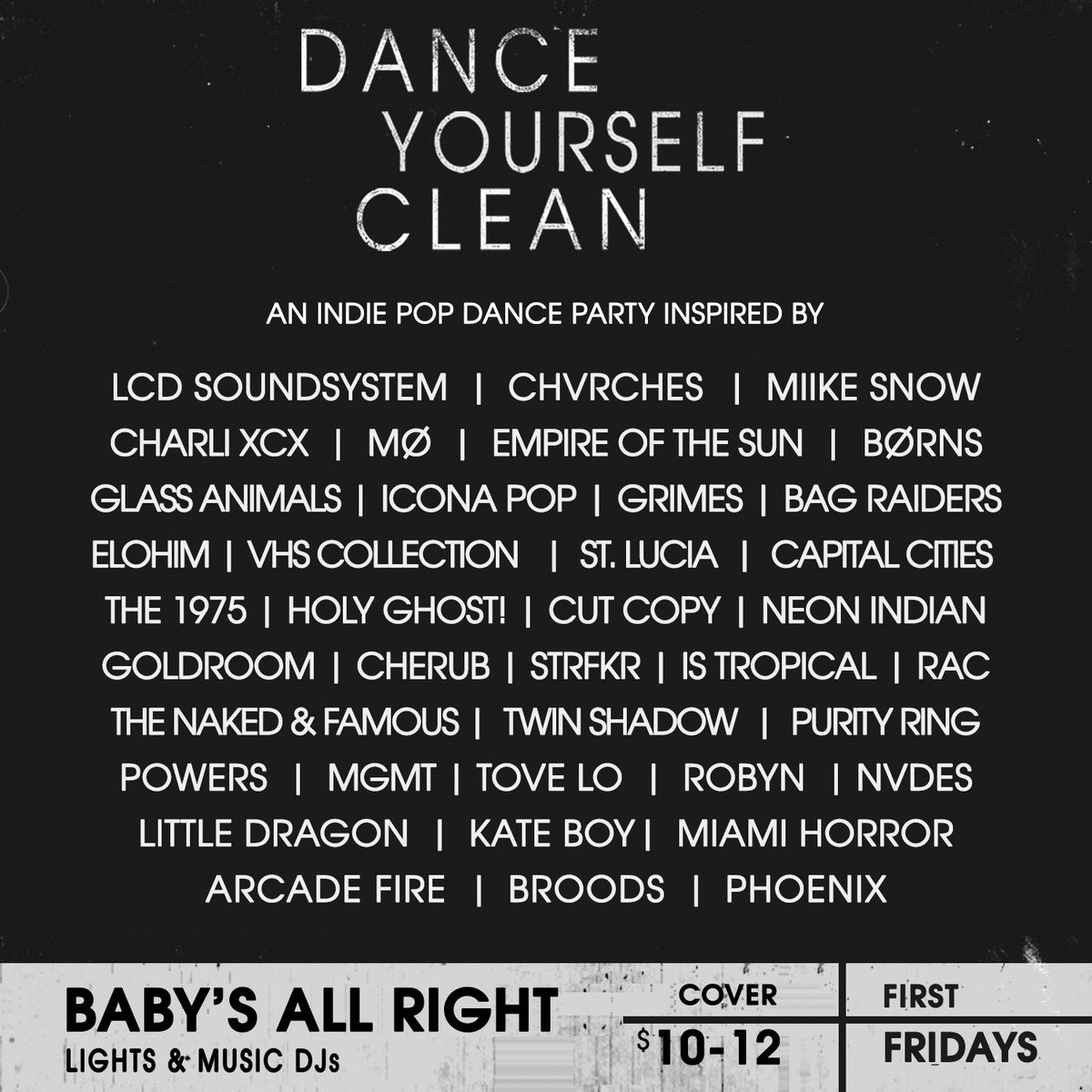💃 JUST ANNOUNCED 💃

Dance Yourself Clean returns to Baby's All Right on 2/1!! Come jam all night to your favorite indie hits!

Get your tickets now: bit.ly/2MvIq4I