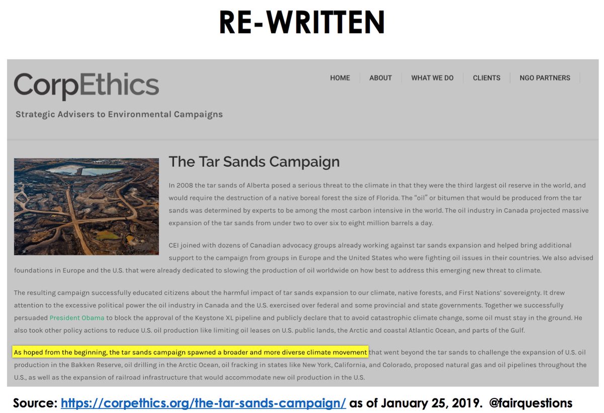 FairQuestions's tweet image. WOW. Since @WendyMesleyCBC reported this, CorpEthics re-wrote its web-site, deleting that its strategy "from the very beginning" was to "land-lock" oil sands crude. Also deleted mention of influencing elections
Original: web.archive.org/web/2018062411…
Re-Written: corpethics.org/the-tar-sands-…