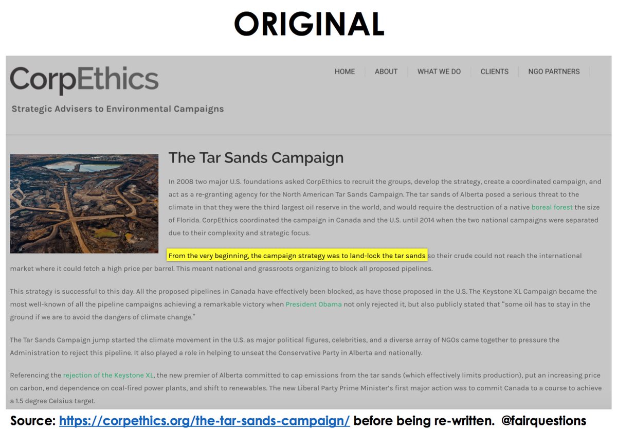 FairQuestions's tweet image. WOW. Since @WendyMesleyCBC reported this, CorpEthics re-wrote its web-site, deleting that its strategy "from the very beginning" was to "land-lock" oil sands crude. Also deleted mention of influencing elections
Original: web.archive.org/web/2018062411…
Re-Written: corpethics.org/the-tar-sands-…