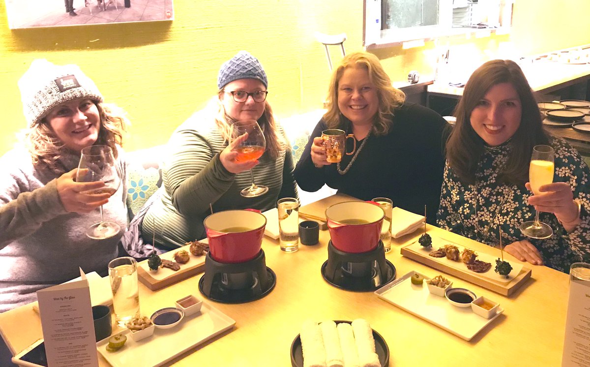 SeanneFalconer's tweet photo. Missing you @stephmarch and @StephaniesDish. @TravailKitchen #Umami dinner. Hot pot, #kimchi carved tableside, yuzu+beet sorbet, dumplings, AND MORE cocktails 🍸 (#DryJanuary on pause) and our girls. #MspDining https://t.co/blcItksVV1