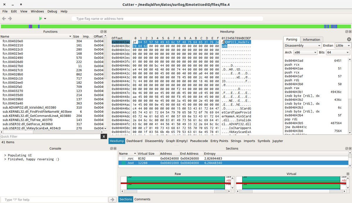 seguridadyredes's tweet image. #Suricata_IDS &amp;amp; #Maltrail  &amp;amp; #bash_script #Cutter

Por ahí había en /files/file.4 ...:

así que ahora os dejo que estoy trasteando con  #radare/#Cutter y

dQWPICl_Hude1v. pdb