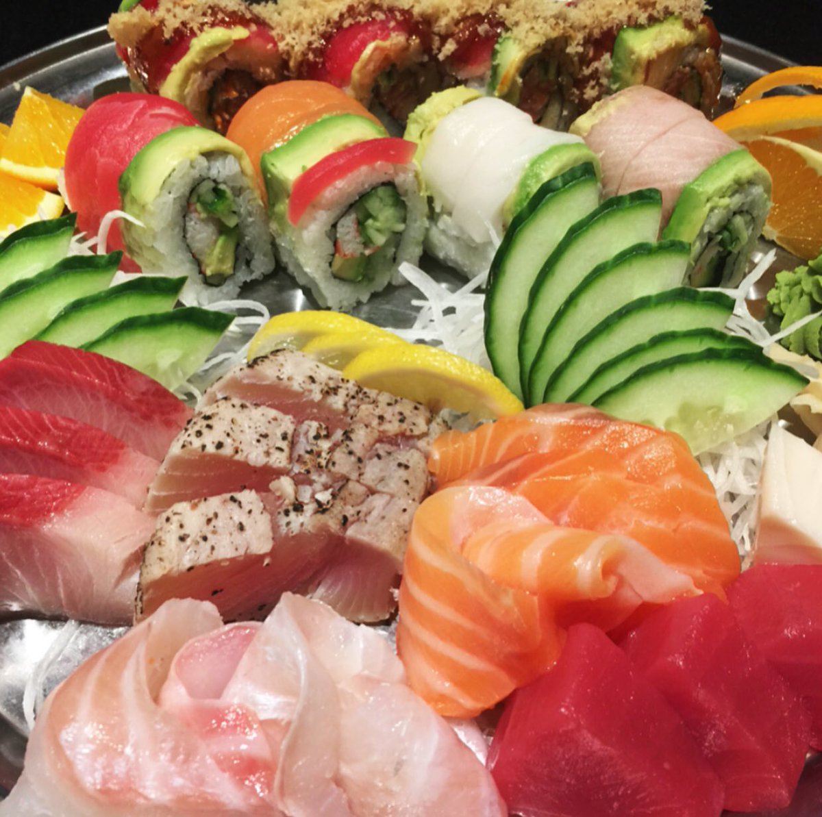 AtlSeafoodCo's tweet image. Bring someone special to taste the rainbow, with our Chef’s Choice for Two #enjoymore #rainbowroll #sushi #sashimi #tuna #salmon #yellowtail #snapper #justaddginger #wasabi #alpharetta #otpdining #finedining