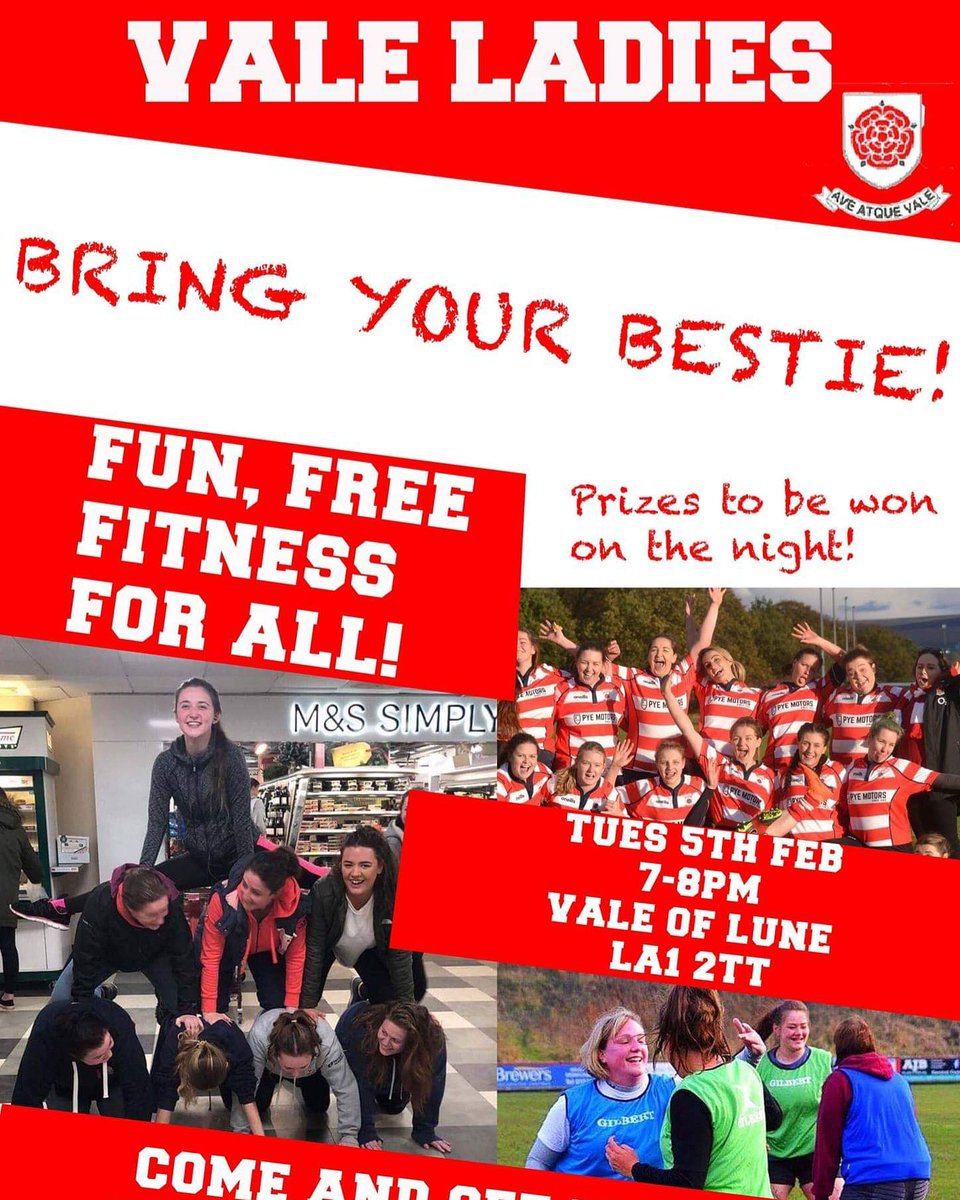 Tues 5th Feb is our 'Bring Your Bestie' week. A great opportunity to try something new and get fit with a great group of ladies.
Drop us a message to find out more!

#valeladies #ValeOfLune #rugby #ladiesrugby #bringyourbestie  #fitness #womensrugby #Lancaster #thisgirlcan