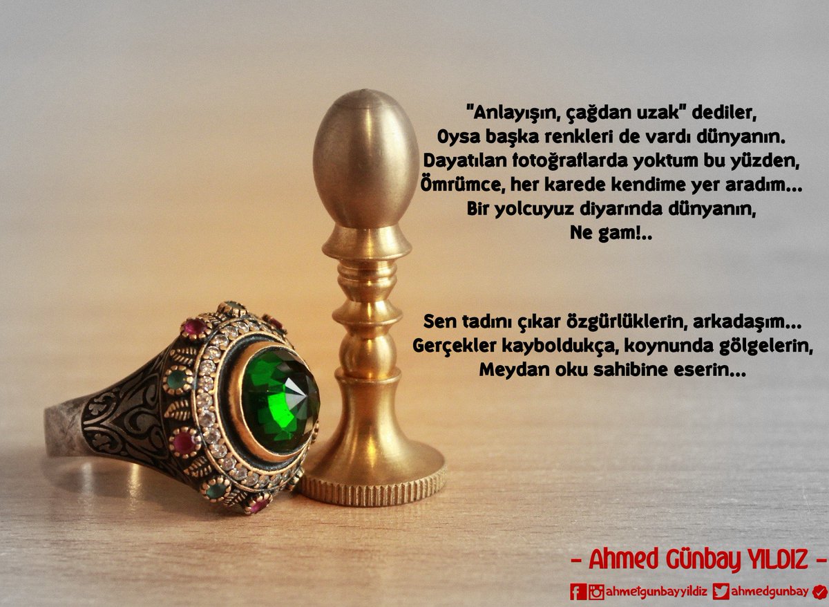 Biz ağladıkça siz gülün,
Biz yandıkça siz ısının,
Sefa sizin, çile bizim,
Çağdaşlığa övgü dizin,
Satrançta hür yürüsün şah,
Bizler kuluz, siz padişah...

#AhmedGünbayYıldız #Şiir