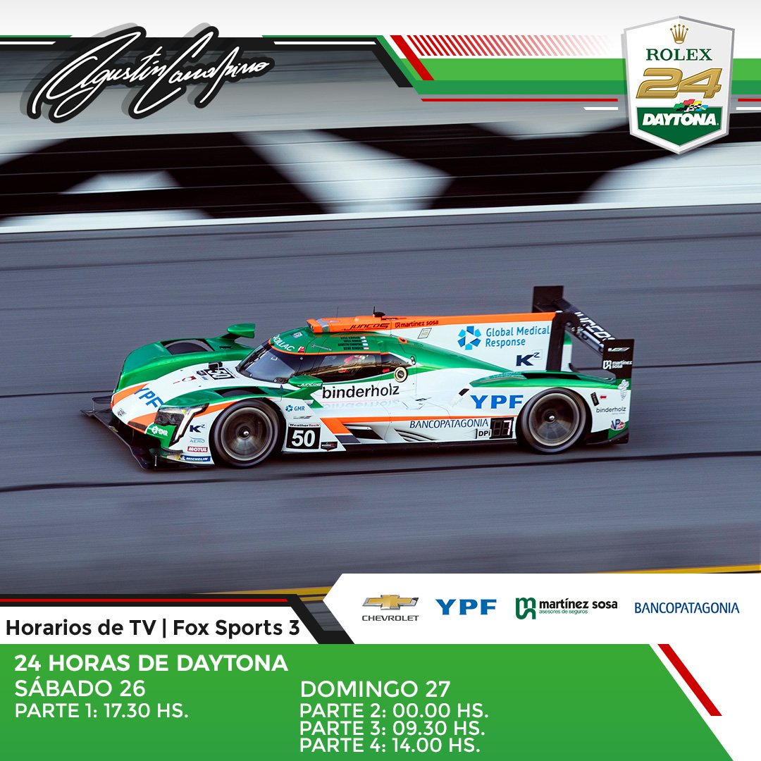 AgustinCanapino's tweet photo. #Daytona24 La carrera comienza mañana sábado a las 16.35 hs. (Argentina). Comparto los horarios para que puedan seguirla por Fox Sports 3 y también en https://t.co/8RTF8r9osv https://t.co/99ucMY6aXc