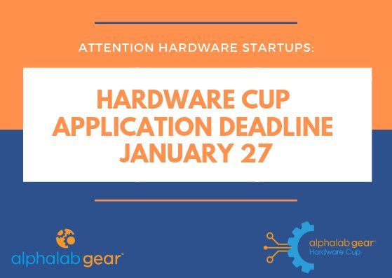 AlphaLabGear's tweet photo. Sunday is the Application Deadline for our 2019 Hardware Cup semifinals in Boston, DC, and Pittsburgh! Beyond cash and prizes, you will meet with investors and VCs, and expand your network. https://t.co/zmmguTiOyE #hardwarestartups #HWCup2019 https://t.co/18hgODxdI7