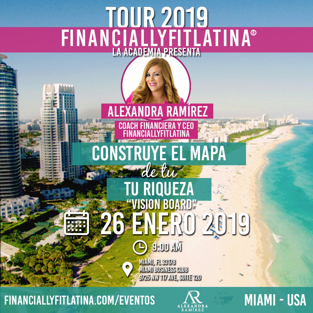 lanotalatina's tweet photo. @lanotalatina les invita a inscribirse en el taller Construye el mapa de tu riqueza de @alexaramoficial #Financiallyfitlatina https://t.co/7e8qOrLA73 Este #26Ene #Miami #MiamiEventos ¡Logra tus metas financieras! https://t.co/fmTv2GNpYe