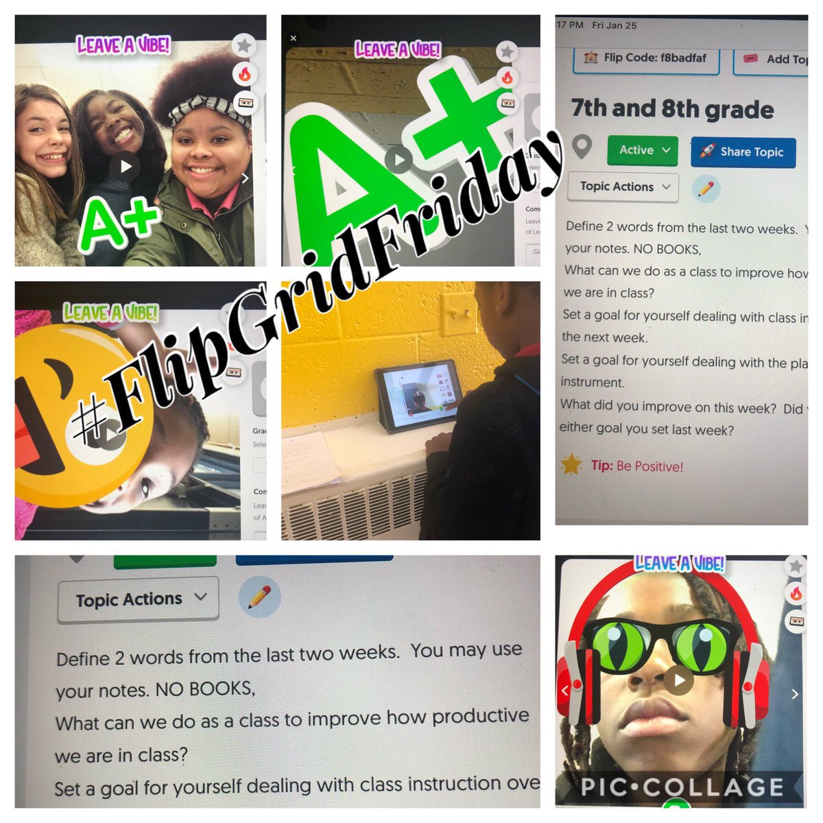 Today was #FlipgridFriday.  Ss shared vocabulary they have learned and set goals for next week.  Plus they had a little fun. @Flipgrid @WillistonTigers @tsmarkley @jeannietimken @NhcsArts @kclark166 @Jill713 @LaChawnSmith @NCMEA