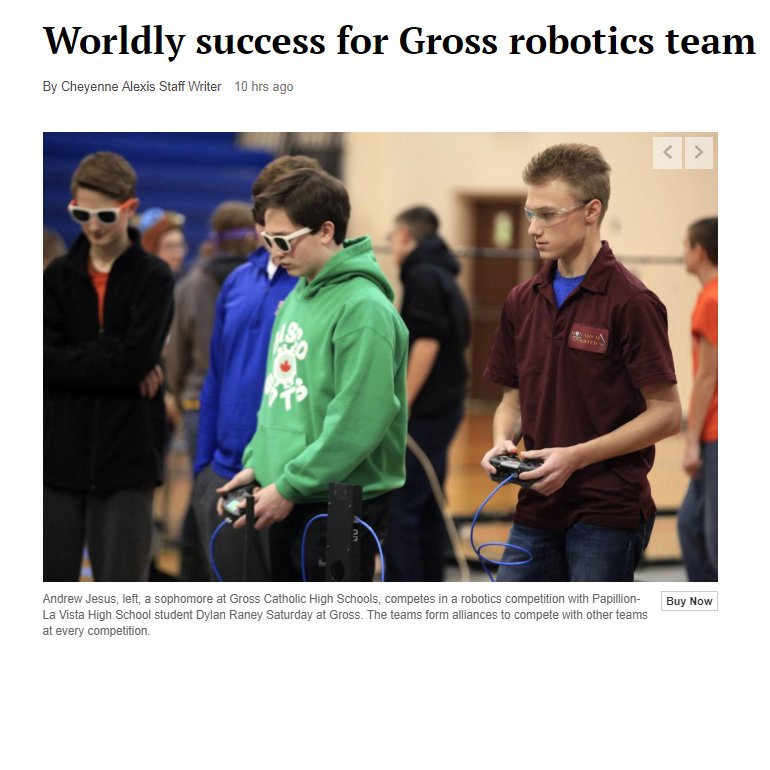 One of the many reasons Gross Catholic is a great choice--our students are given opportunities to collaborate, compete, and succeed locally and globally. Read the article by <a href="/BellevueLeader/">Bellevue Leader</a> about our genius Robotics team... cougar.family/robots2019