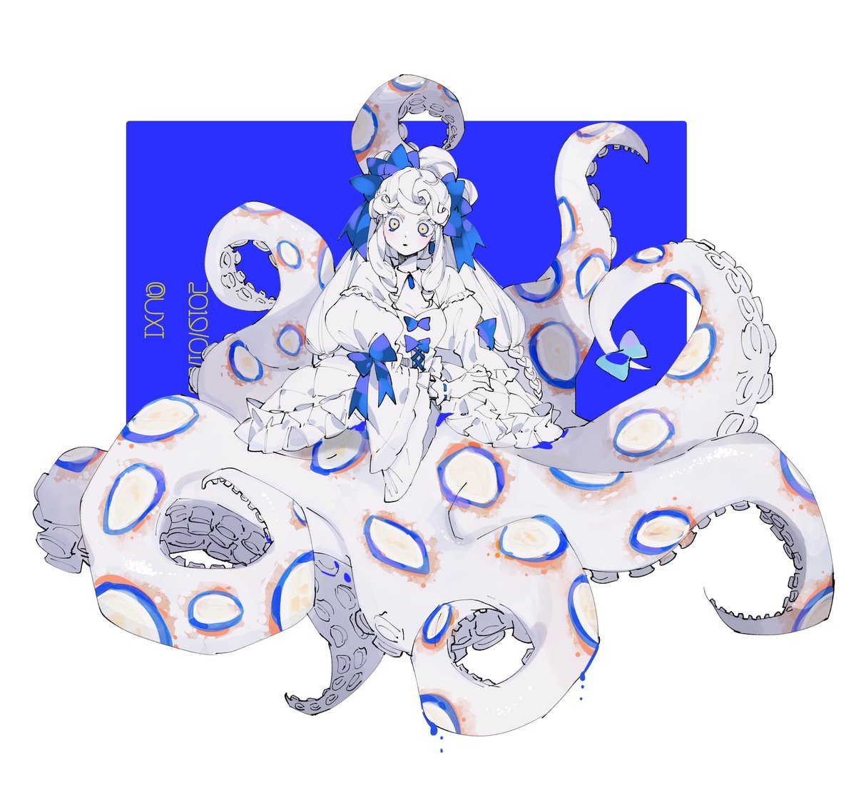 1girl solo monster girl white hair dress looking at viewer bow  illustration images