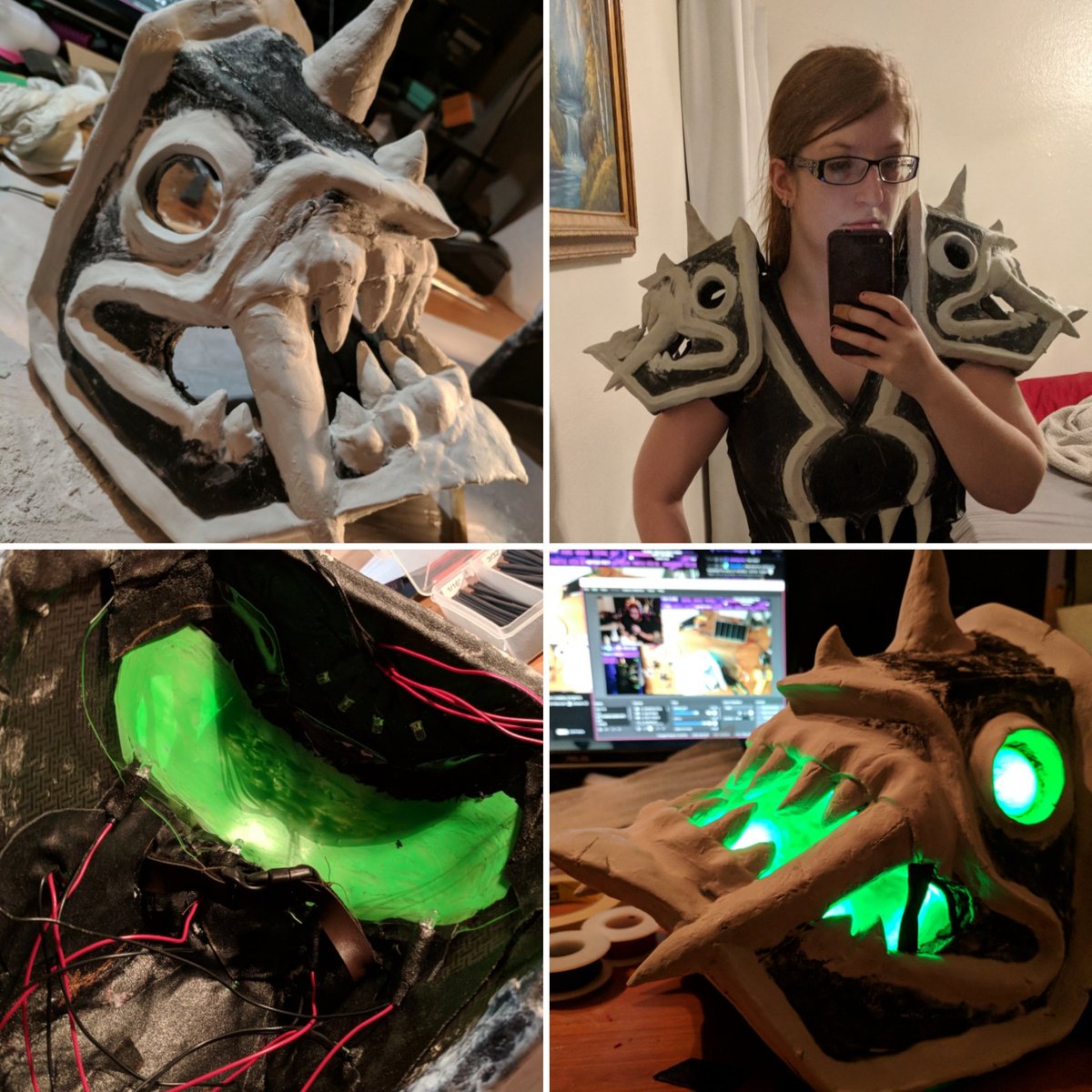 Schrei205's tweet photo. All the stages of my shoulder armor for my Hunter cosplay! They've come a long way lol. Longer post on ig! 
They still need demon blood, and maybe smoke machines??? 🤔🤔🤔

#cosplay
#Warcraft
#demonstalker https://t.co/nmnBMAi9cv
