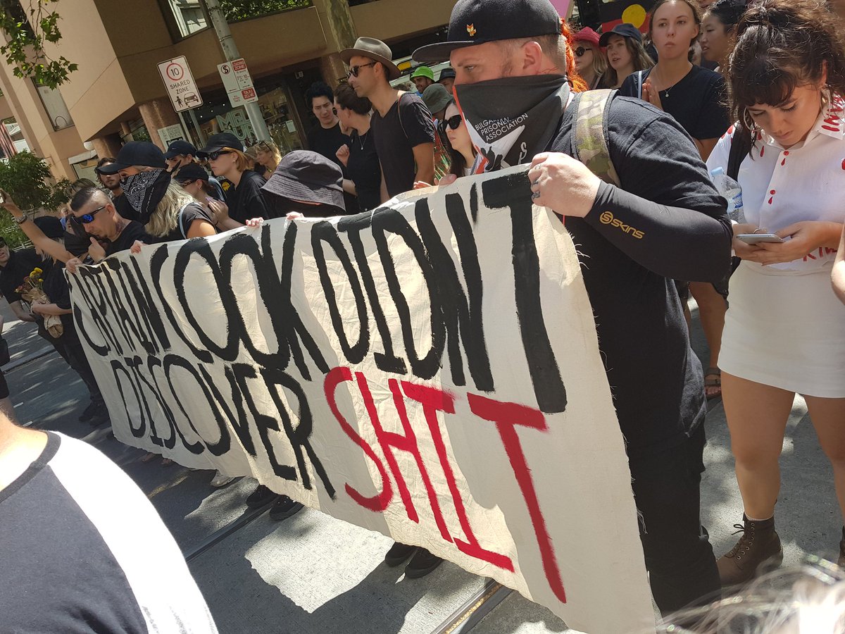 KarenMehzen's tweet photo. 'Captain Cook didn't discover shit' sign #InvasionDay #naarm #ThingsCookDid https://t.co/8klnxzAR0l