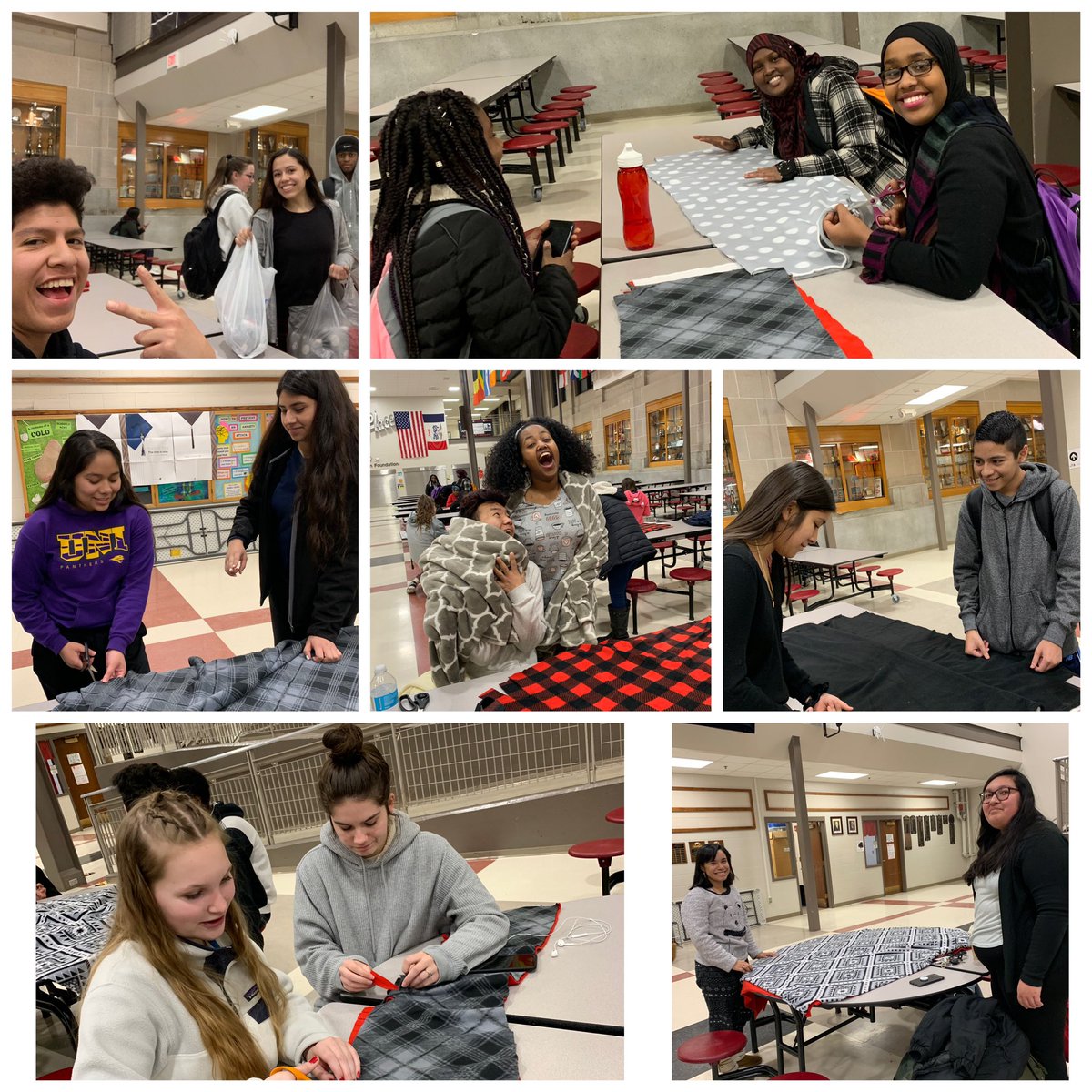 ESstudentgov's tweet photo. Big thanks to students and staff who participated in Project Pj 2k19. Students made tie blankets and scarves that will be donated to Joppa! #Projectpj https://t.co/wZQtEBcbqo