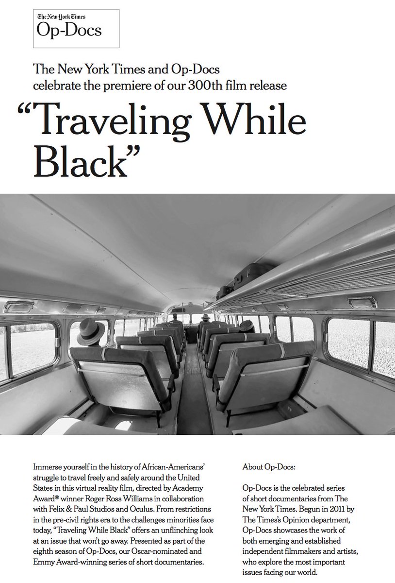 RogerRossWill's tweet image. Traveling While Black featured in @nytimes today! #TravelingWhileBlack #OpDocs #Oculus #VR