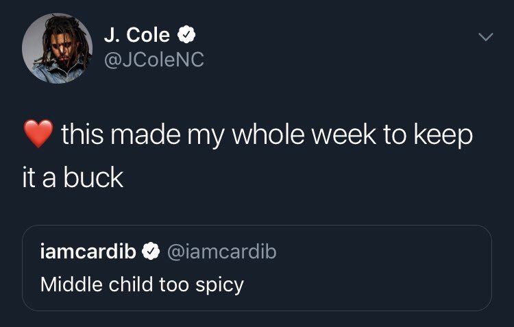 J. Cole showing Cardi love. He’s been supporting her since 2017.