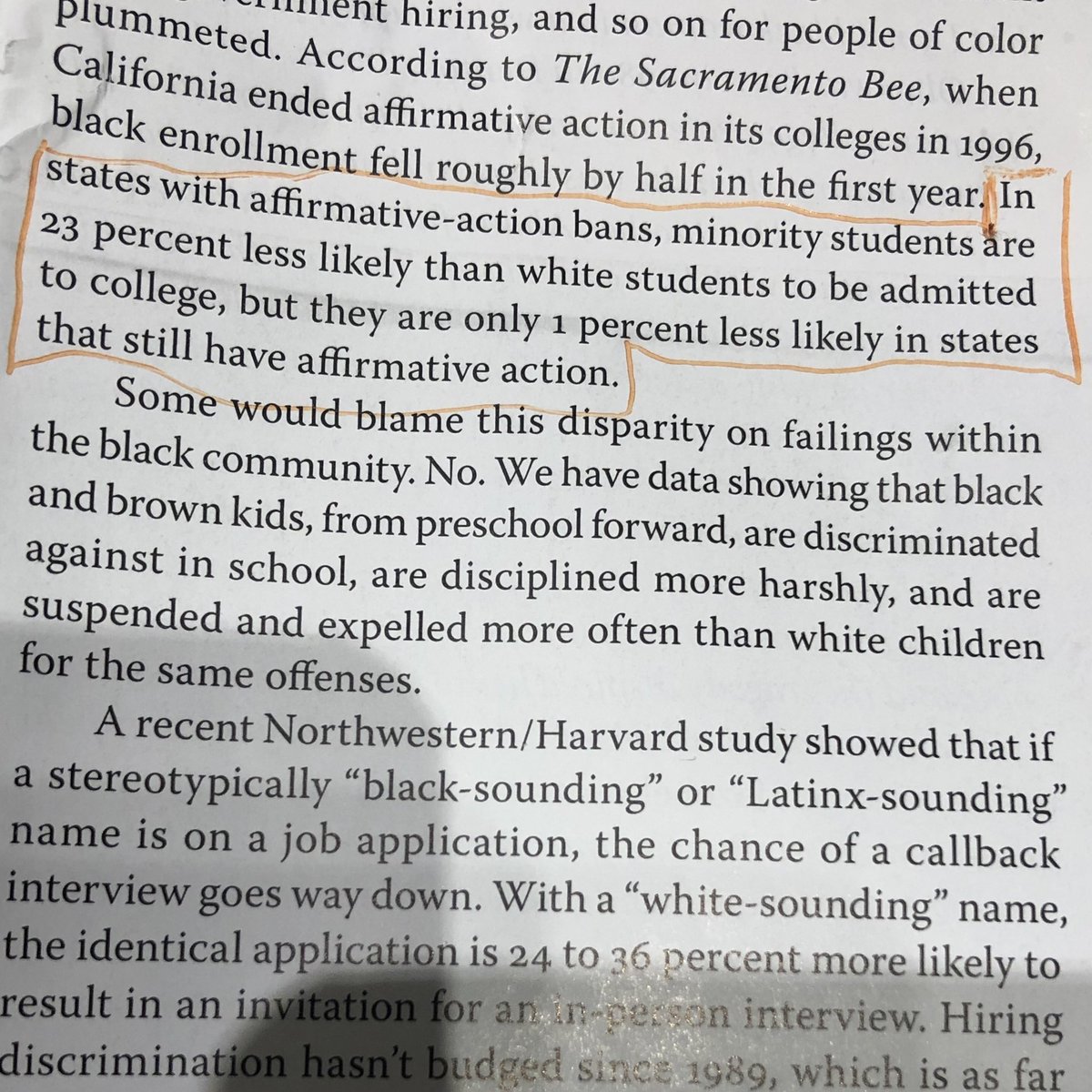PartsofHow's tweet photo. “In States with affirmative-action bans, minority students are 23% less likely than white students to be admitted to college, but they are only 1% less likely in states that still have affirmative action.” - @IjeomaOluo with @MarkLeviton for @TheSunMagazine, Dec 2018 #backissues https://t.co/CbzrllYV23